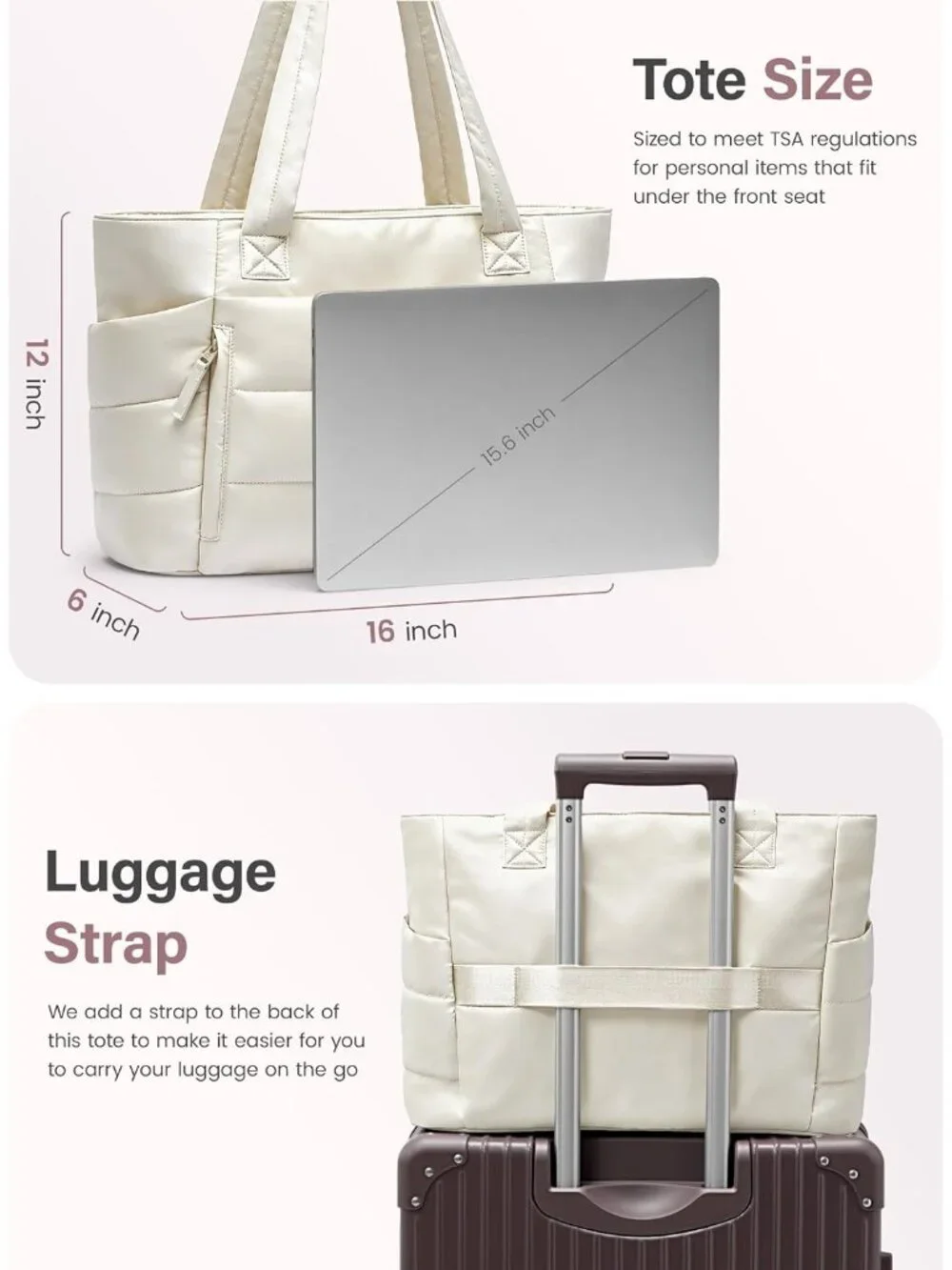 👜Women's Beige Quilted Puffer Tote Bag Zipper Work Bag With Compartments